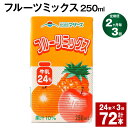 フルーツ果汁はミルクとの相性にこだわって、選びました。甘みのあるアップルとパイナップル、フレッシュ感のあるオレンジとみかん、4種類の果汁をバランスよくブレンドしました。牛乳のまろやかさが4つの果物の味わいを、やさしくまとめています。フルーツ感たっぷりのミックスジュースです。 商品詳細 商品名 【2ヶ月ごと3回お届け】フルーツミックス 内容詳細 ■ フルーツミックス250ml×24本※1回あたりの内容量賞味期限：常温保存で 90日産地：熊本産（菊池市含む） 原材料 牛乳、糖類（果糖ぶどう糖液糖、砂糖）、りんご果汁、パイン果汁、オレンジ果汁、うんしゅうみかん果汁、食塩、安定剤（ペクチン）、酸味料、香料、紅花色素 アレルギー表記 乳、オレンジ、りんご 保存方法と注意事項 ■保存方法「保存方法：常温を超えない温度」高温・多湿・直射日光を避け、涼しい場所に保管してください。■注意事項開封されなければ、常温で保存いただけます。保存料等は使用しておりませんので、開封後は冷蔵庫に保管のうえ、お早めにお召し上がりください。 提供者 合同会社たべたせいか 発送サイズ 100サイズ ・ふるさと納税よくある質問はこちら ・寄附申込みのキャンセル、返礼品の変更・返品はできません。あらかじめご了承ください。寄附金の使い道について 「ふるさと納税」寄付金は、下記の事業を推進する資金として活用してまいります。 寄付を希望される皆さまの想いでお選びください。 (1)豊富な資源を生かした産業づくり(産業と経済) (2)みんなで支え合う安心づくり(子育てと健康福祉) (3)自然の恵みを守り安全で魅力あるまちづくり(自然環境と暮らしの基盤) (4)学び合いと地域が育む人づくり(教育と文化) (5)市長一任 受領申請書及びワンストップ特例申請書について ■受領書 入金確認後、注文内容確認画面の【注文者情報】に記載の住所に発送の用意が済み次第、順次お届けさせていただきます。 ■ワンストップ特例申請書 ワンストップ特例申請書は受領証明書と一緒にお送り致します。住民票住所が返礼品の送付先と異なる場合は必ず備考欄に住民票住所をご記入ください。