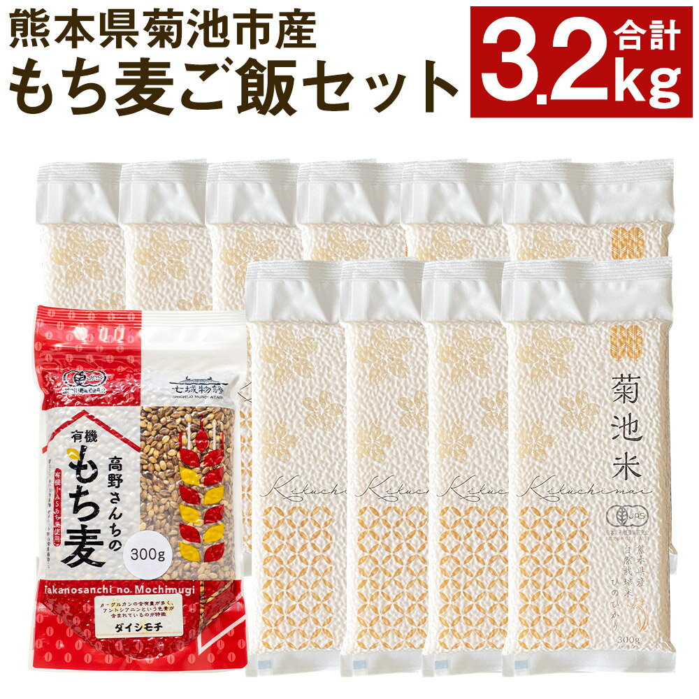 熊本県菊池産 ヒノヒカリ もち麦 セット 合計3.2kg (自然栽培米 300g×10パック/もち麦 200g×1パック) 令和5年産 七城物語 高野さんちのもち麦ごはん 米 お米 もち麦 自然栽培米 特A 小分け 国産 九州産 熊本県産 送料無料