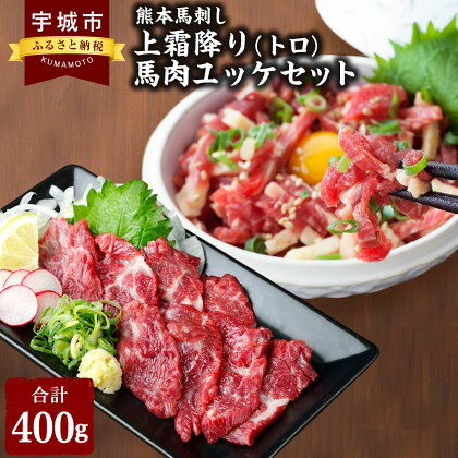 熊本 馬刺し 上霜降り (トロ) 200g ＋ 馬肉ユッケ 200g 合計400gセット ※小袋たれ、小袋生姜、ユッケたれ付き 馬刺 ばさし 馬肉 ばにく 霜降り 霜降 ユッケ 馬ユッケ 桜ユッケ セット 詰合せ 詰め合わせ お取り寄せグルメ 熊本名物 冷凍 送料無料