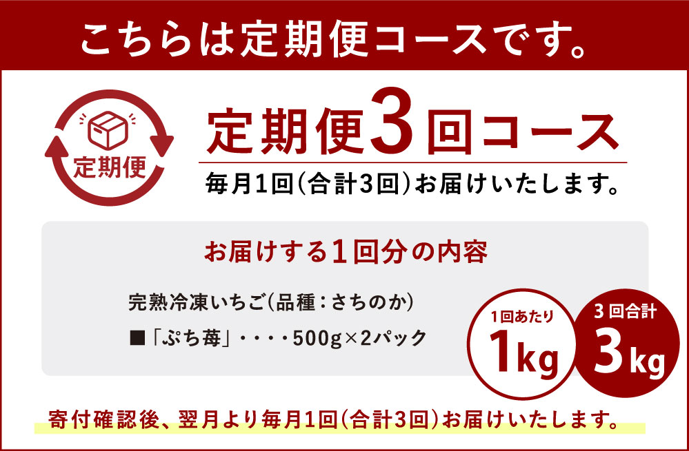 【ふるさと納税】【定期便3ヶ月】完熟 冷凍 いちご ぷち苺 500g×2パック 園村苺園 定期便 1回あたり 合計1kg 3回定期便 合計3kg 3ヶ月 連続 イチゴ 苺 さちのか フルーツ 果物 デザート パック 急速冷凍 贈答品 贈り物 のし対応 国産 九州産 熊本県産 宇城市産 送料無料