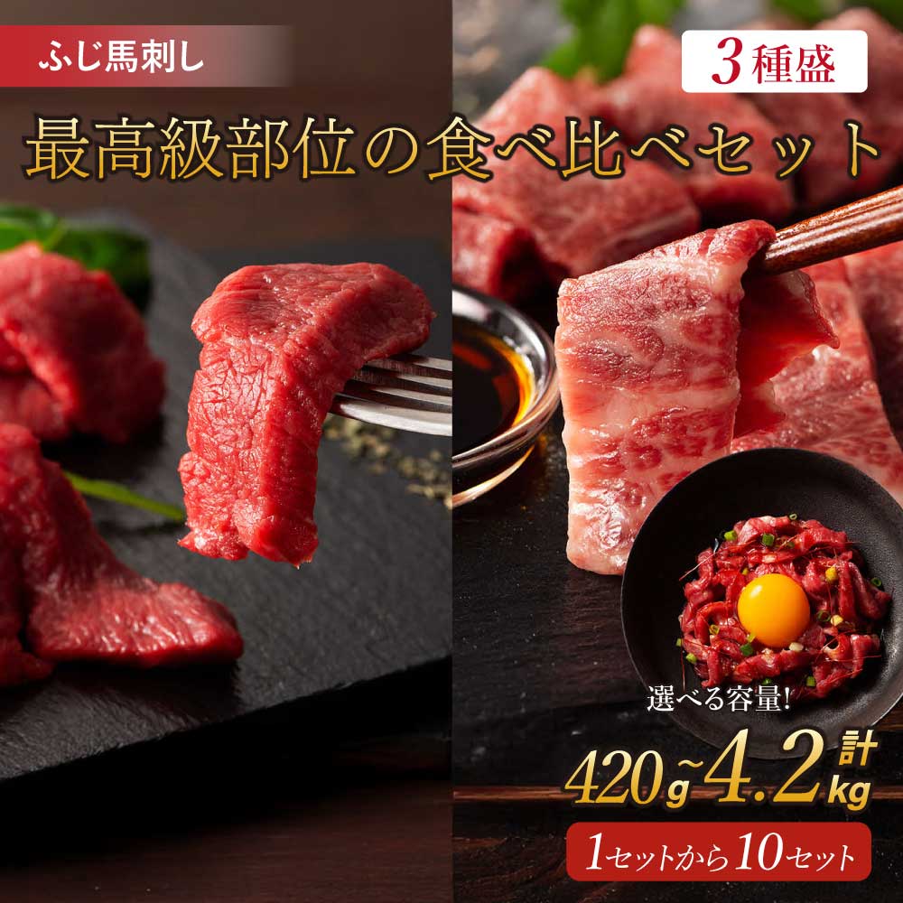 ふじ馬刺し 最高級部位の食べ比べセット 3種 [選べる容量]合計 約420g〜4,200g (メン・ヒレ・ユッケ・馬刺しのたれ・生姜・ユッケのたれ) フジチク 詰め合わせ 熊本 馬刺 馬肉 ばさし 冷凍 送料無料