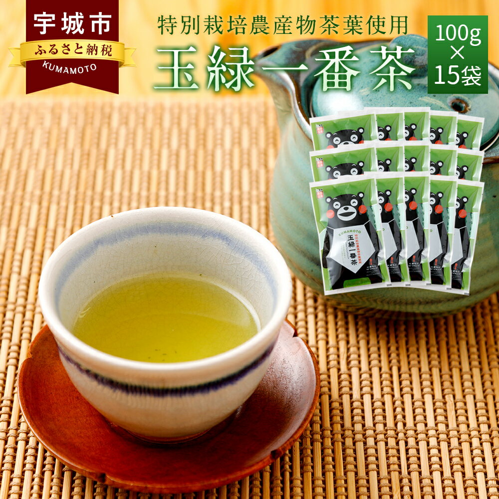 【ふるさと納税】くまモン 玉緑一番茶 100g 15袋セット 緑茶 日本茶 一番茶 農薬を使わず栽培した茶葉...