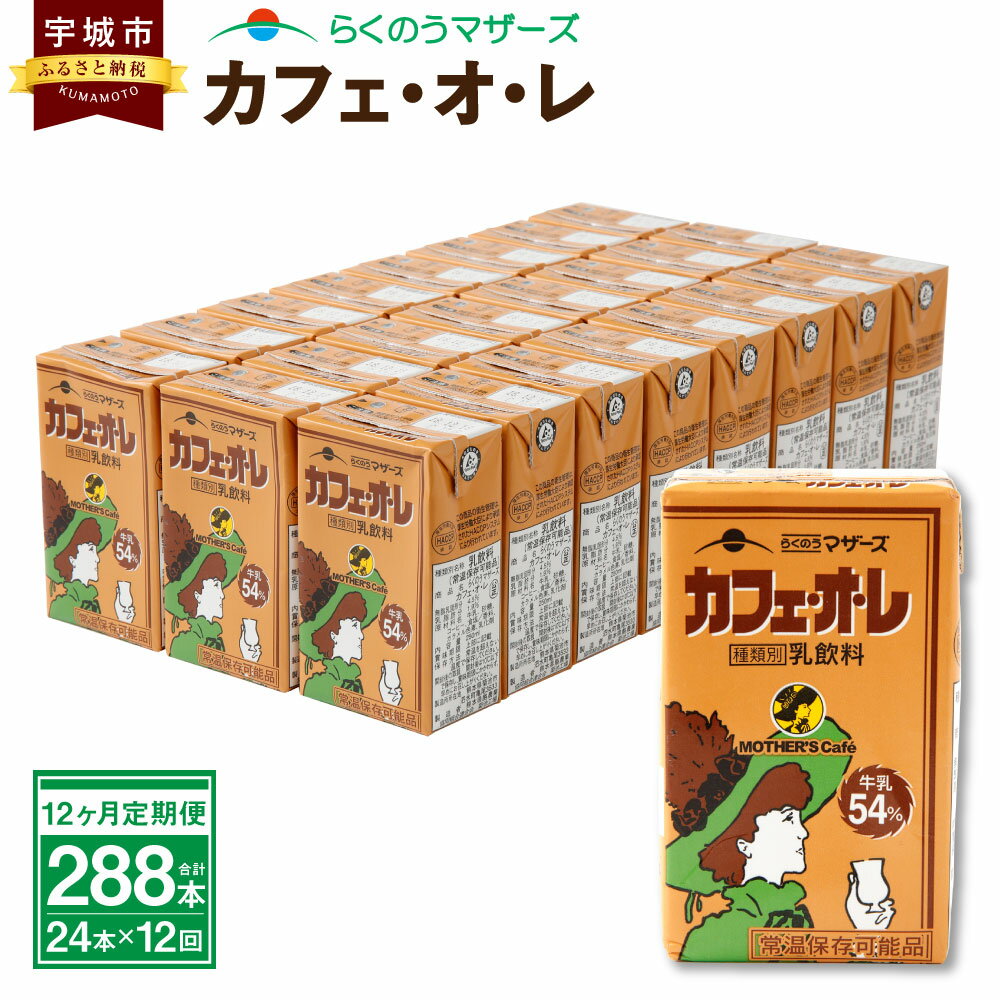 【ふるさと納税】【12ヶ月定期便】 カフェ・オ・レ250ml 24本入り 合計288本 コーヒー牛乳 カフェ・オ・レ 乳飲料 乳性飲料 コーヒー入り清涼飲料水 らくのうマザーズ ドリンク 飲み物 飲料 セット 紙パック 常温保存可能 ロングライフ 送料無料