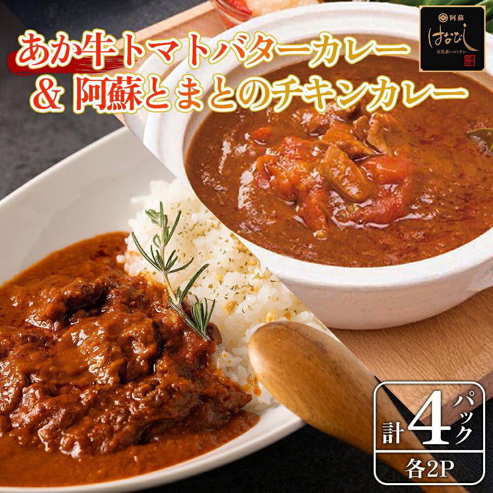 阿蘇 阿蘇はなびし食品研究所 あか牛トマトバターカレー&阿蘇とまとのチキンカレー 各2個 計4個セット 詰め合わせ お取り寄せ 惣菜 おかず グルメ ギフト 贈答品 御礼 お祝い 御祝 ランチ ディナー 一人暮らし 簡単 温めるだけ 熊本県 阿蘇市