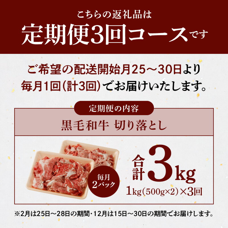 【ふるさと納税】 定期便3回 贅沢な黒毛和牛を毎月堪能 黒毛和牛 切り落とし 1kg 計3kg お肉のプロが選ぶ 贅沢 美味しい 牛肉 A4 〜 A5 等級 含む ミシュランビブグルマン獲得 肉 牛 黒毛和種 専門店 たなか畜産 熊本県 天草市 定期便 送料無料