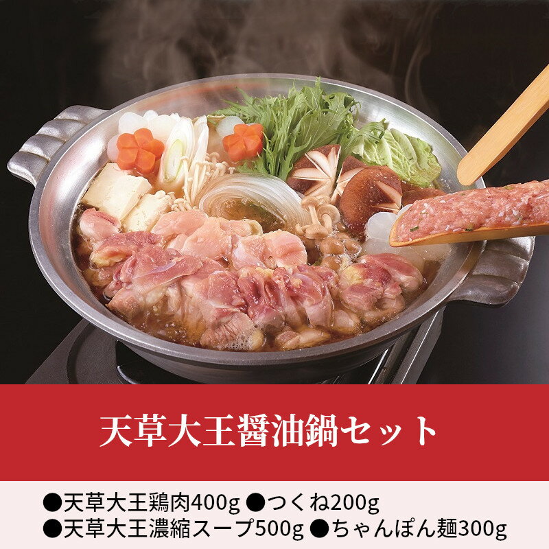 【ふるさと納税】醤油鍋 セット 3〜4人前 鶏肉 400g つくね 200g 凝縮スープ 500g ちゃんぽん麺 300g 天草大王 地鶏 もも肉 むね肉 濃厚 雑炊 冷凍 グルメ 天草産 熊本県 九州 産地直送 お取り寄せグルメ 鶏鍋 送料無料