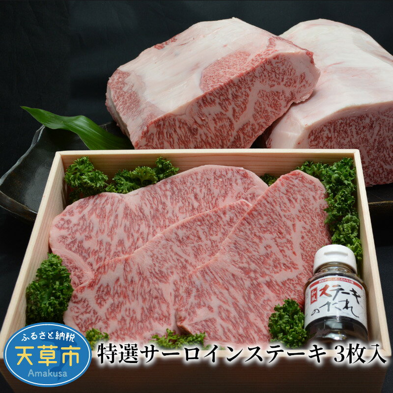 【ふるさと納税】牛肉 ステーキ 3枚 計約800g サーロインステーキ 黒毛和牛 特選 霜降り 控えめ A4クラス ステーキソース 1本 たれ付き 牛 肉 柔らかい 甘味 風味 天草 お取り寄せグルメ 送料無料 ごはんのおとも 食品 冷蔵