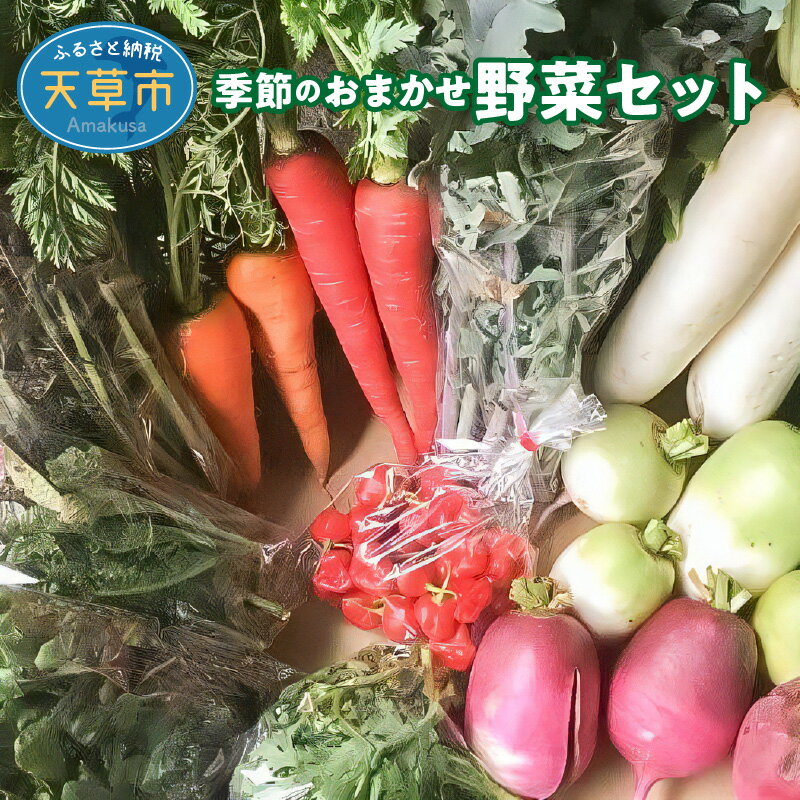 特産品説明 名称 【ふるさと納税】季節のおまかせ野菜セット 内容量 季節に応じてできる野菜8〜10品の詰合せ (4人家族向け・重量は野菜の種類によって変化) 消費期限 到着後10日間 配送温度帯 常温・冷蔵 保存方法 冷蔵 説明 自然栽培（農薬、肥料、その他不使用）の野菜です。化学物質過敏症の方にも安心して利用してもらってます。露地栽培ですので季節のうま味を味わってください。 注意事項 ・商品到着後は早めにお召し上がりください。 ・時期によって、配送方法が異なります。 ・人気のお礼品などは、発送までに1〜3ヶ月程度お時間をいただく場合があります。 発送期日 ご入金を確認後、原則として30日以内に発送 提供事業者 天草段々畑の夢野菜 ・ふるさと納税よくある質問はこちら・寄付申込みのキャンセル、返礼品の変更・返品はできません。あらかじめご了承ください。地場産品基準：1号 市内で生産されているため【ふるさと納税】季節のおまかせ野菜セット入金確認後、注文内容確認画面の【注文者情報】に記載のご住所へ、3週間程度で発送いたします。（返信封筒あり・切手不要）