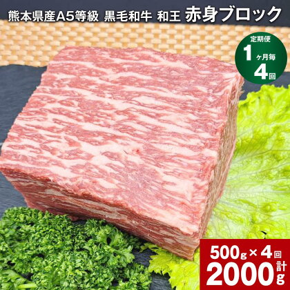 【定期便】【1ヶ月毎4回】熊本県産 A5等級 黒毛和牛 和王 赤身ブロック 計2000g（500g×4回） 肉 お肉 牛肉 牛 和牛 赤身 赤身肉 ブロック肉 ソトヒラ ウチヒラ モモ もも肉 赤身 熊本県 冷凍 パック 真空パック 合志市 送料無料