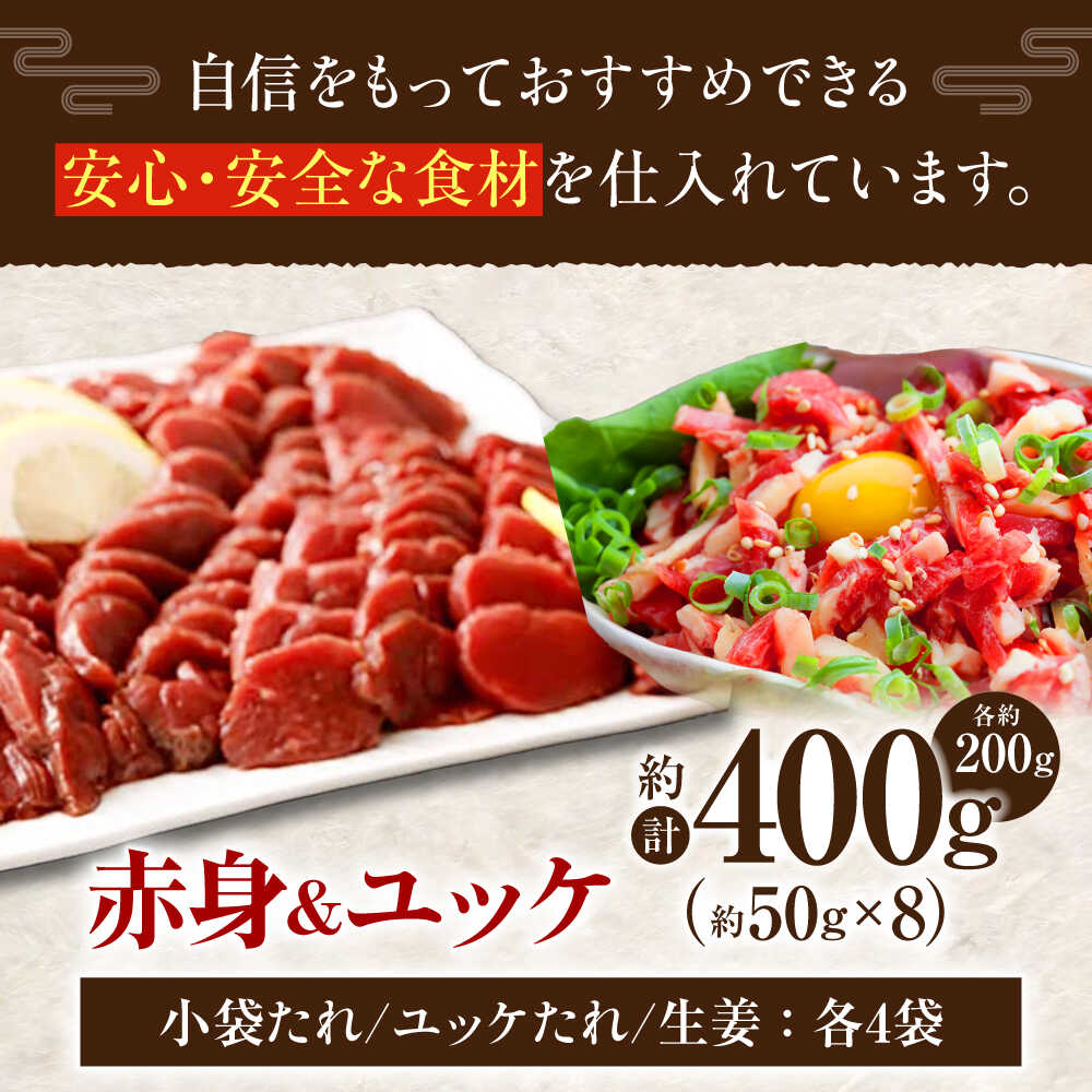 【ふるさと納税】熊本 馬刺し 赤身 約200g＋ 馬肉 ユッケ 約200g 合計約400gセット【くまもと食彩の力】冷凍 ヘルシー おつまみ たれ 馬 肉 桜肉 小分け 個包装 便利 熊本県[AYAN015] f432164-koshi-10002774 熊本県合志市 サンプル画像2