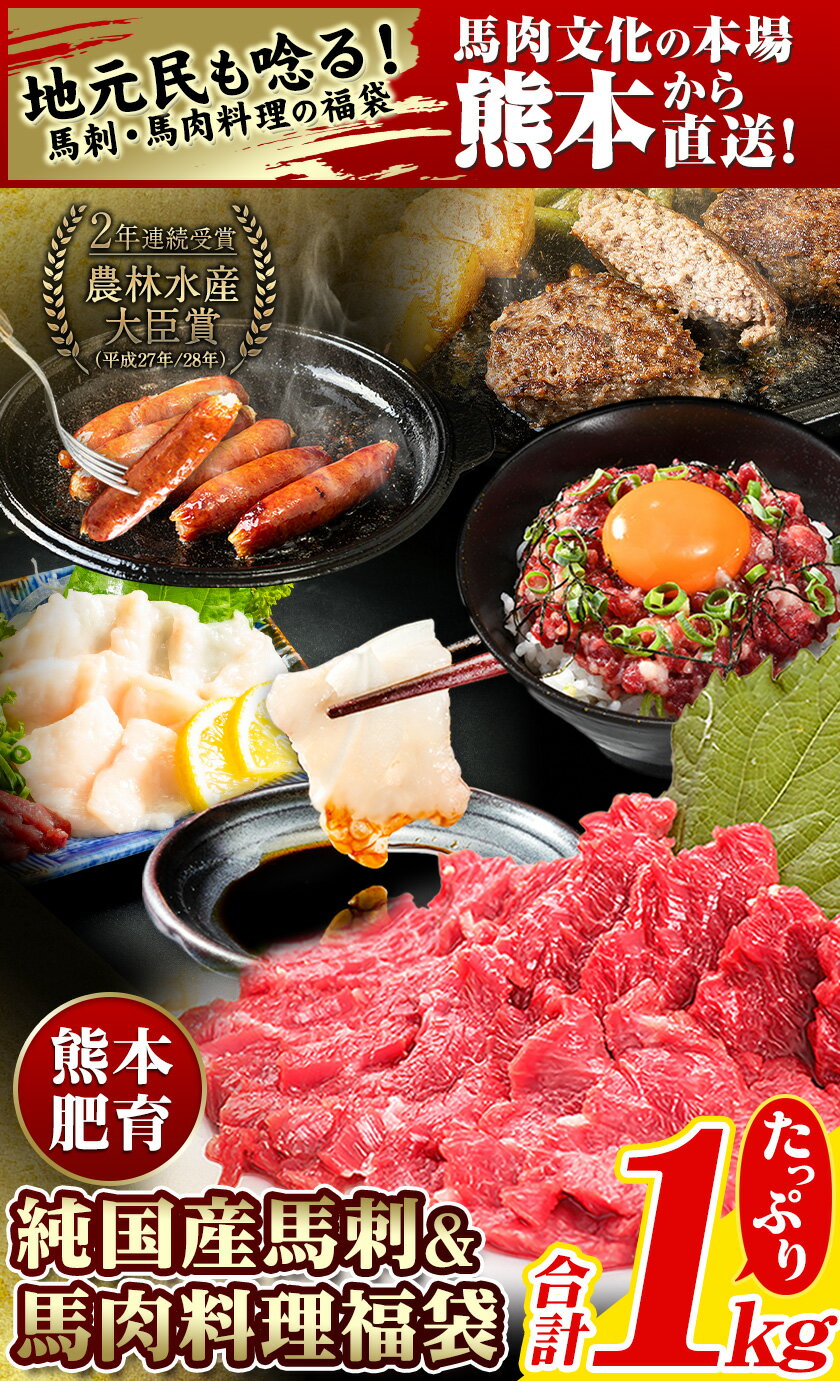 【ふるさと納税】純 国産 馬刺し ＆ 馬肉 料理 福袋 計1kg 熊本 肥育 2年連続農林水産大臣賞受賞《90日以内に出荷予定（土日祝除く）》 送料無料 馬刺し 馬肉 上赤身 馬肉 ソーセージ ハンバーグ 馬とろ コーネ たてがみ 熊本県玉東町 冷凍