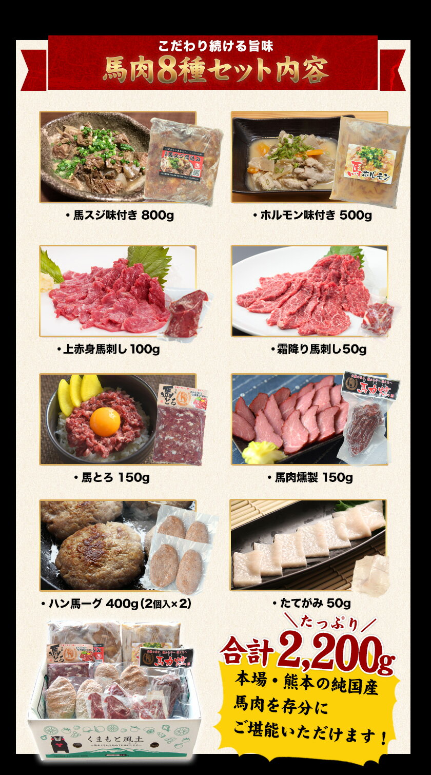 【ふるさと納税】純国産 馬肉 8種セット 計2200g 熊本肥育 2年連続農林水産大臣賞受賞 送料無料 馬刺し 馬肉 馬スジ ホルモン 燻製 霜降り ハンバーグ 熊本県玉東町《60日以内に出荷予定(土日祝除く)》