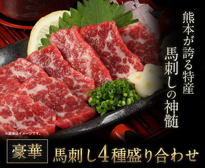 【ふるさと納税】★熊本特産馬刺し★馬刺し4種の盛り合わせ【極上大トロ馬刺し100g/特選霜降り馬刺し100g/ロース馬刺し100g×3/赤身馬刺し100g×4】+タレ360ml付き《30日以内に順次出荷（土日祝除く）》