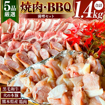 焼肉・BBQセット A4/A5 カルビ 300g 豚バラ 300g 鶏モモ 300g 粗びきウインナー 200g(20g×10本) 豚肩ロース 300g 計1400g 国産 熊本県 和水町