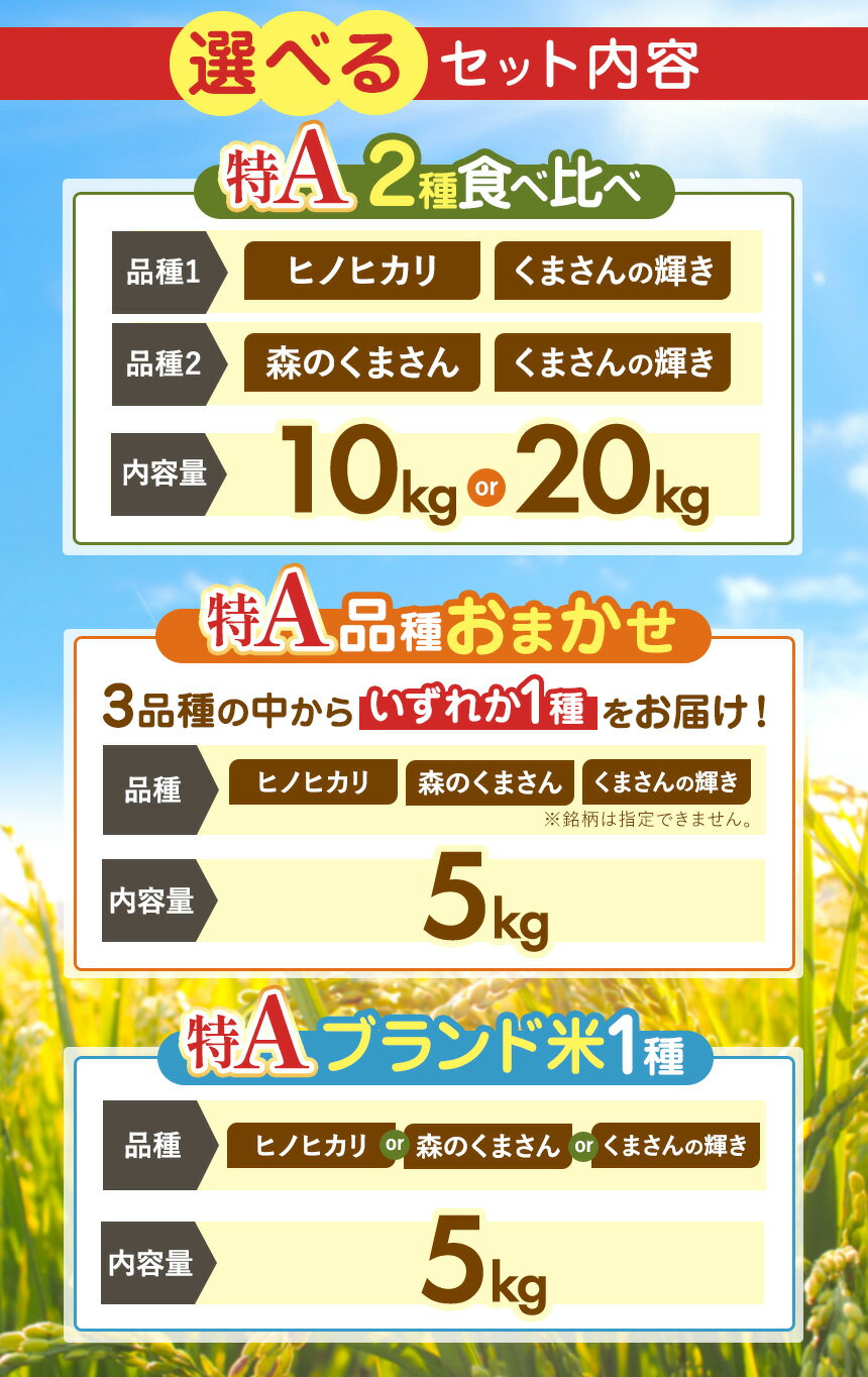 【レビューキャンペーン実施中】 ブランド米を無洗米で食べ比べ！　【ふるさと納税】 無洗米 新米【 美味比べ 】 特A 獲得 食べ比べ 数量限定 令和 7年産 熊本県 ひのひかり 森のくまさん くまさんの輝き | 選べる 銘柄 単品 定期便 定期 2種 | 単一銘柄 米 単一米 こめ 小分け 人気 コメ お米 5kg 10kg 15kg ブランド米 kome おこめ