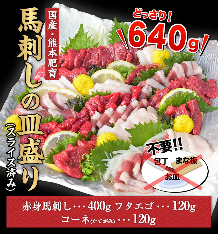 【ふるさと納税】馬刺しの皿盛り(スライス)【熊本肥育】 赤身400g/フタエゴ120g/コーネ120g(タレ5ml×6袋) 《30日以内に出荷予定(土日祝除く)》