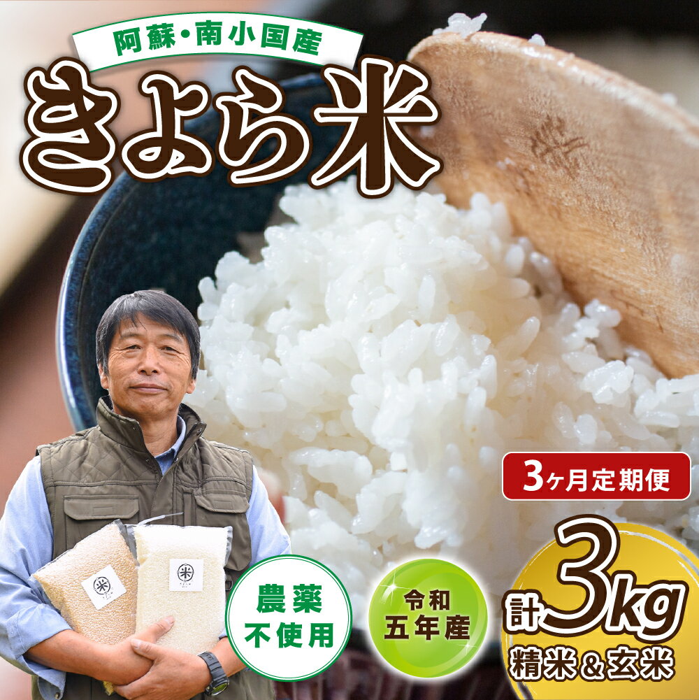 定期便 3ヶ月 米 白米 玄米 食べ比べ 3kg 農薬不使用 有機栽培 令和5年 真空パック きよら米 熊本 南小国町 送料無料