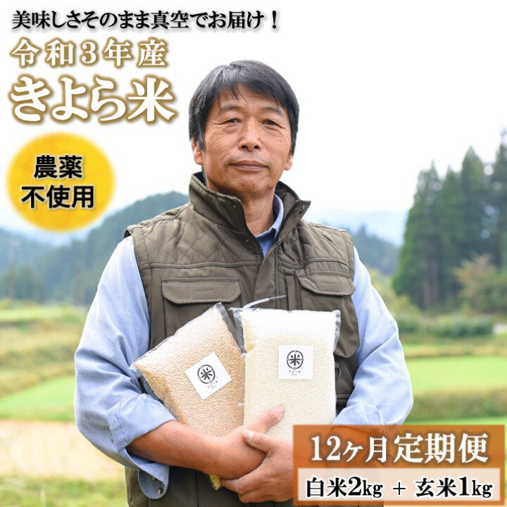 【ふるさと納税】定期便 12ヶ月 米 白米 玄米 食べ比べ 3kg 農薬不使用 無農薬 有機栽培 令和3年 真空パック きよら米 熊本 南小国町 送料無料