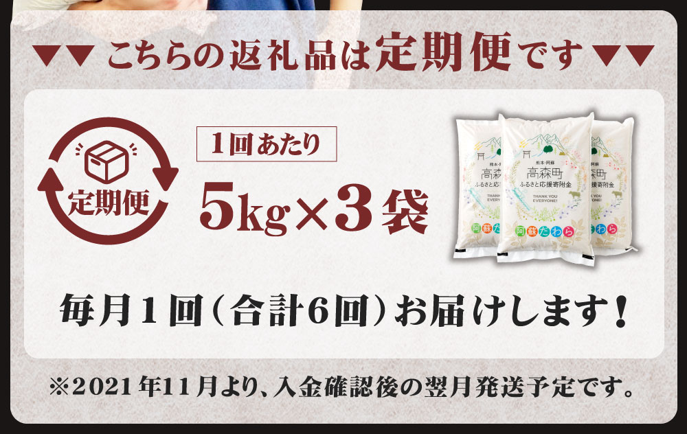 【ふるさと納税】＜6ヶ月定期便＞ 訳あり 阿蘇だわら 合計90kg 15kg×6回 定期便 令和3年度産 新米 緊急 支援品 コロナ支援 米 お米 白米 精米 ブレンド米 米俵 規格外 フードロス SDGs 熊本県 高森町 オリジナル米 国産 送料無料 【2021年11月上旬より発送予定】