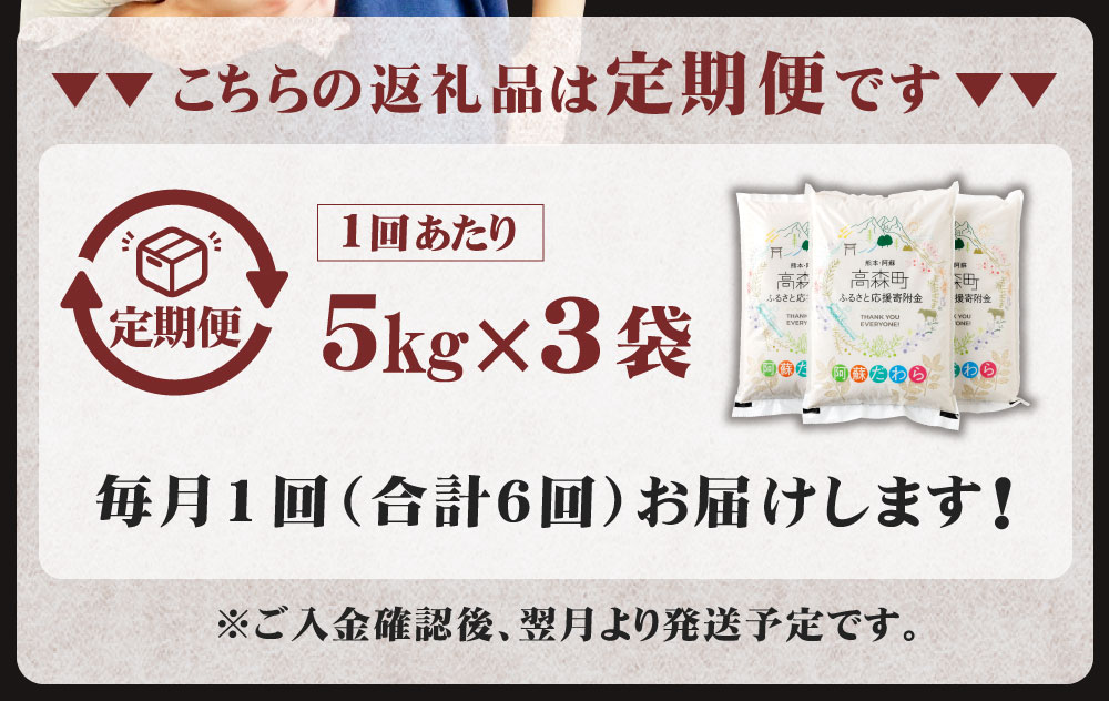 【ふるさと納税】＜6ヶ月定期便＞ 訳あり 阿蘇だわら 合計90kg 15kg×6回 定期便 令和3年度産 緊急 支援品 コロナ支援 米 お米 白米 精米 ブレンド米 米俵 規格外 フードロス SDGs 熊本県 高森町 オリジナル米 国産 送料無料