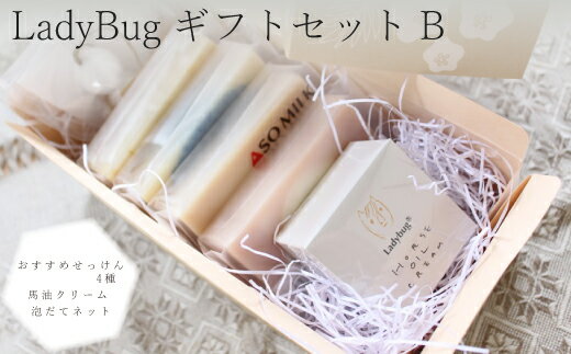 LadyBug 天然由来ハンドメイドせっけん ギフトセットB 6種類 れいざん 100g×1個 あわゆき 100g×1個 馬油クリーム 30g×1個 泡立てネット 1個 バースデー 100g×1個 はちみつカレンデュラ 100g×1個 石けん 石鹸 スキンケア 送料無料