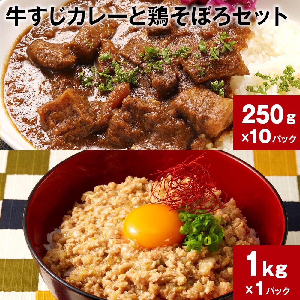 【ふるさと納税】牛すじカレーと鶏そぼろセット 計1セット 250g×10パック 1kg×1パック カレー 牛すじ 肉 お肉 黒毛和牛 鶏肉 そぼろ 惣菜 おかず 詰め合わせ セット 冷凍 お取り寄せ グルメ 御中元 ギフト 熊本県