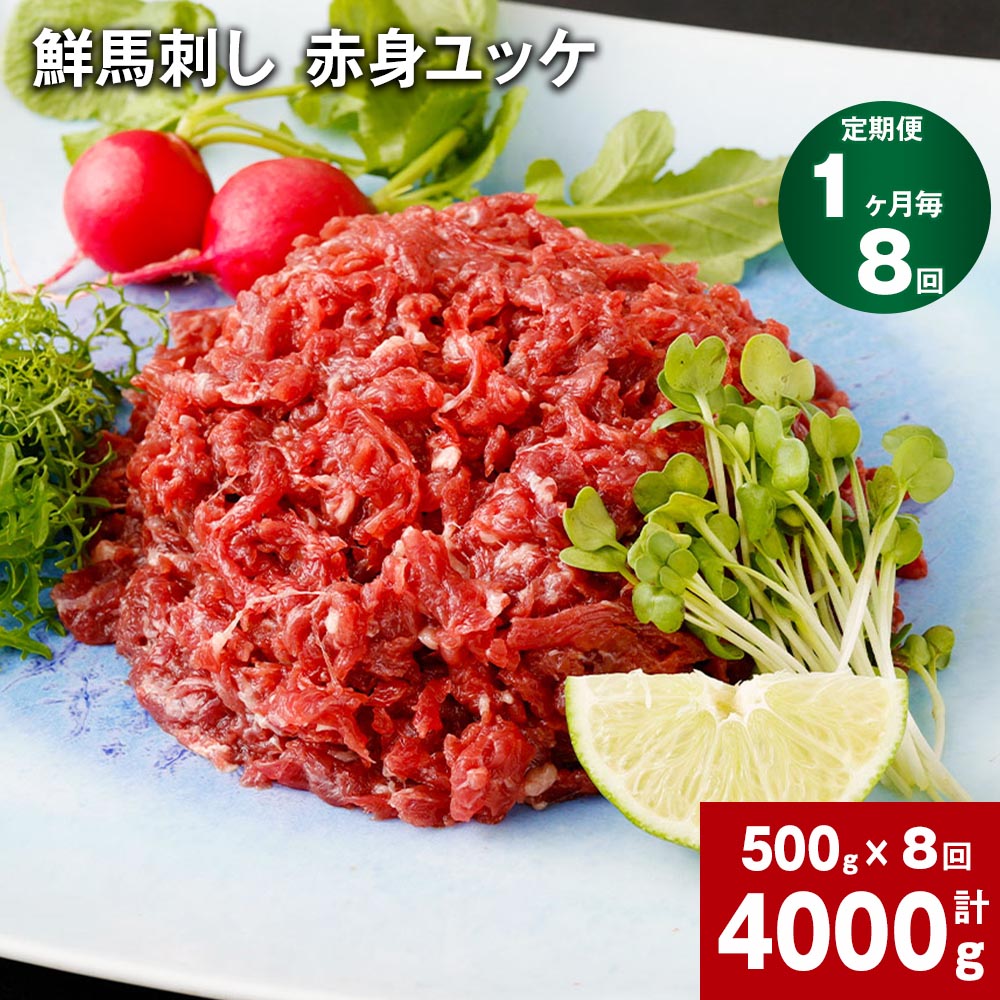 【定期便】【定期便 1ヶ月毎 8回】鮮馬刺し 赤身ユッケ 計4000g 500g（50g x 10パック）×8回 馬ユッケ たれ付き 真空パック 線切り 赤身 馬刺し 冷凍