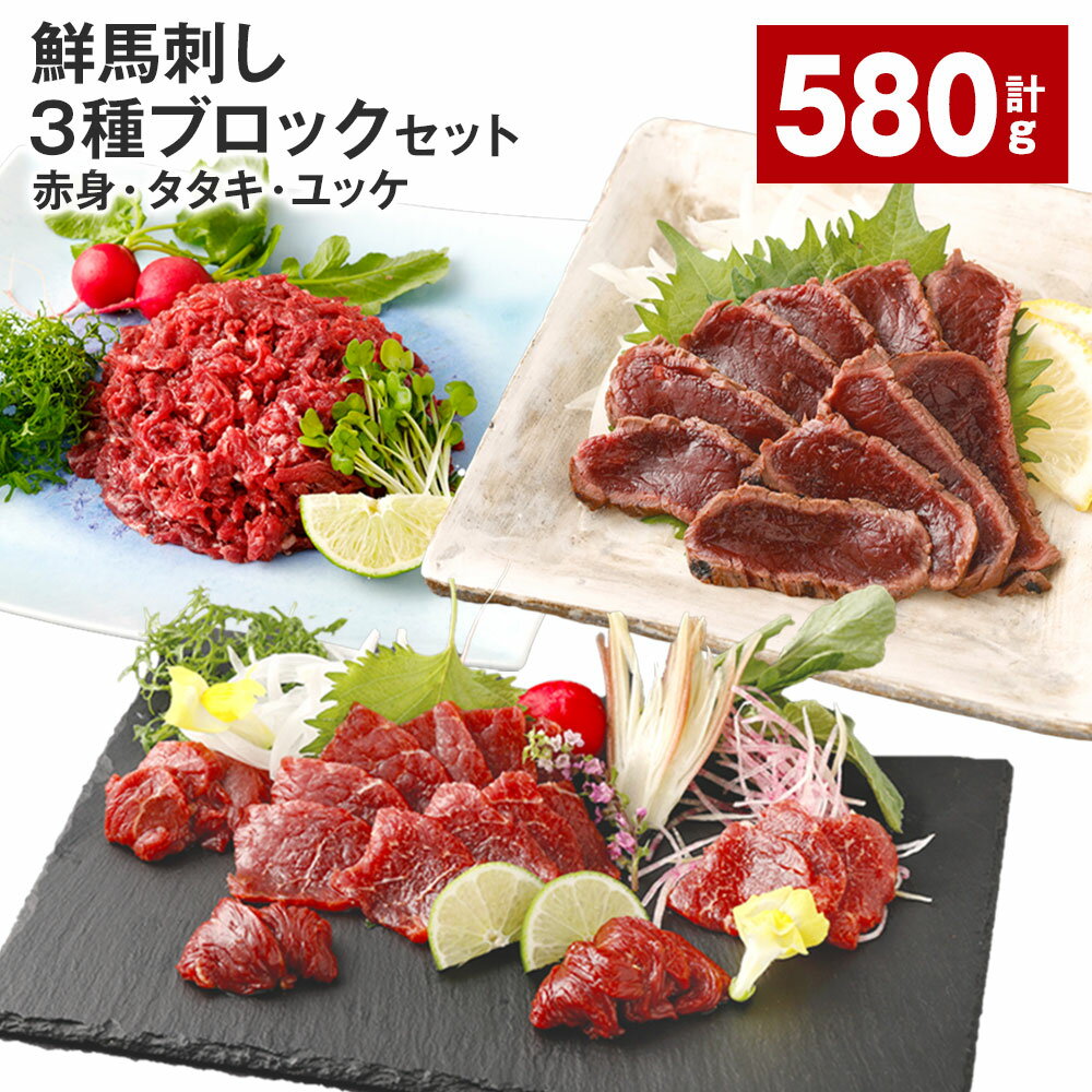 鮮馬刺し 3種ブロックセット(赤身×4・タタキ×2・ユッケ×2) 計580g 馬刺し 馬肉 お肉 肉 塩コショウ 塩胡椒 ニンニク ポン酢 タレ付き 冷凍 熊本県 高森町 送料無料