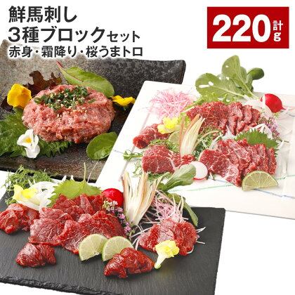 鮮馬刺し 3種ブロックセット（赤身・霜降り・桜うまトロ） 計220g 馬刺し 馬肉 お肉 肉 馬脂 タレ付き 万能ソース付き 冷凍 熊本県 高森町 送料無料