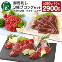 鮮馬刺し 3種ブロックセット（赤身×2個・タタキ・ユッケ） 計2.9kg（290g×10回） 馬刺し 馬肉 お肉 肉 塩コショウ 塩胡椒 ニンニク ポン酢 タレ付き 冷凍 熊本県 高森町 送料無料