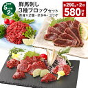 【ふるさと納税】【定期便】【5ヶ月毎2回】鮮馬刺し 3種ブロックセット(赤身×2個・タタキ・ユッケ) 計580g(290g×2回) 馬刺し 馬肉 お肉 肉 塩コ...