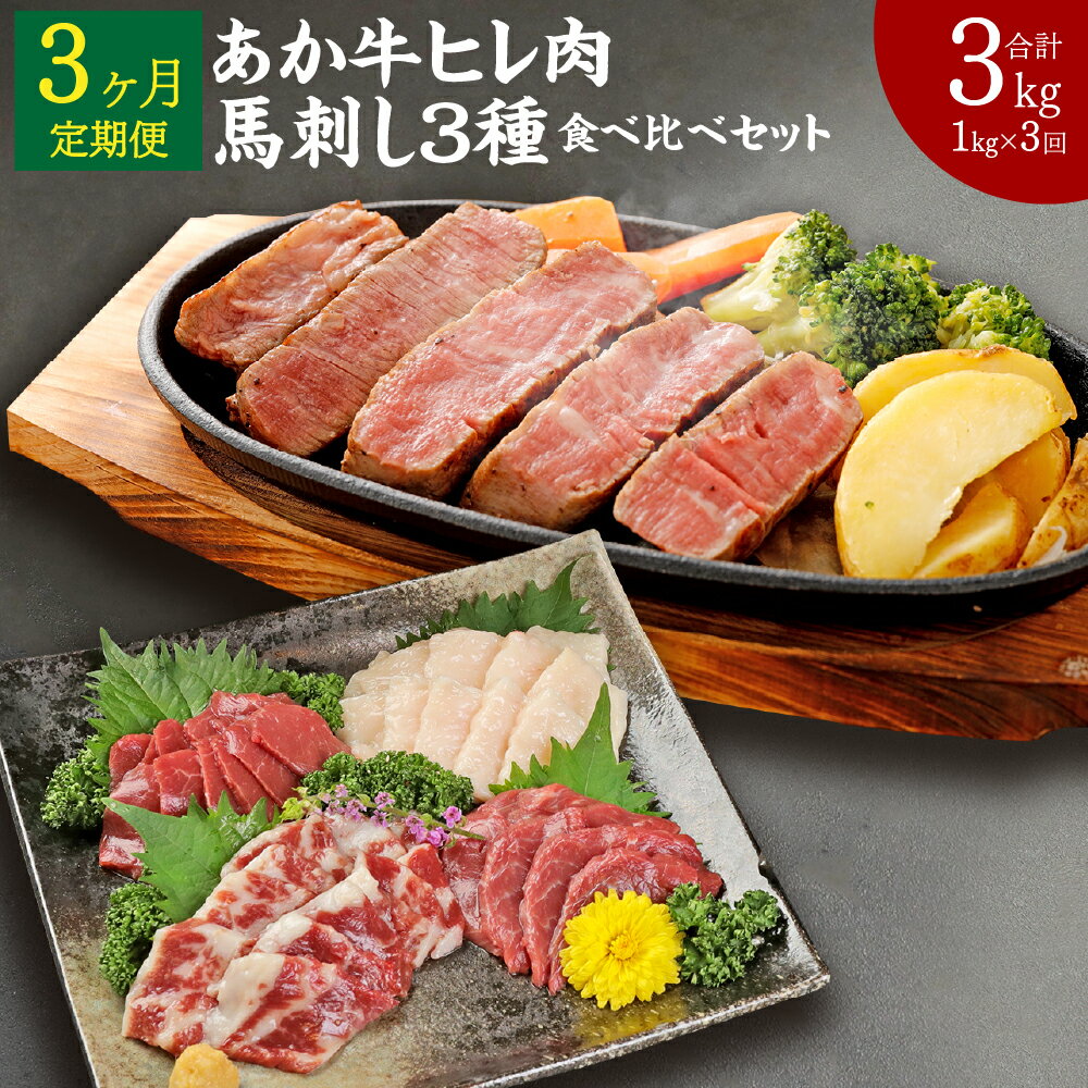 14位! 口コミ数「0件」評価「0」【3ヶ月定期便】熊本県産 あか牛ヒレ肉 馬刺し 食べ比べセット 合計3kg 1kg×3回 ステーキ 牛肉 あか牛 馬肉 刺し身 赤身 霜降り･･･ 