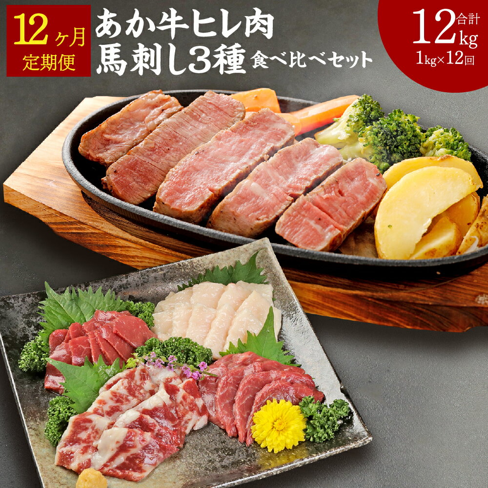 【ふるさと納税】【12ヶ月定期便】熊本県産 あか牛ヒレ肉 馬刺し 食べ比べセット 合計12kg 1kg×12回 ステーキ 牛肉 あか牛 馬肉 刺し身 赤身 霜降り たてがみ 食べ比べ 熊本県産 九州産 国産 冷凍 定期便 送料無料