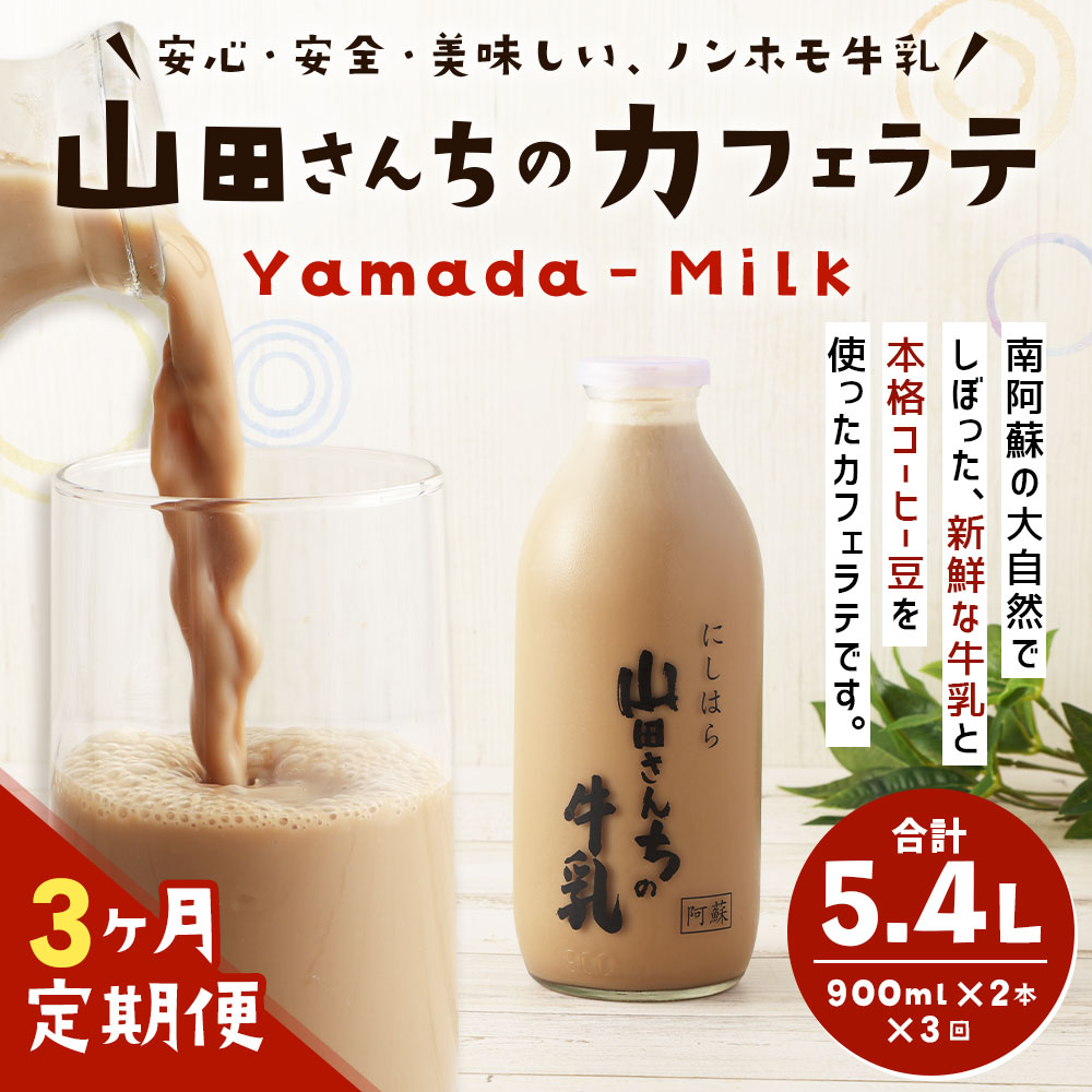 【ふるさと納税】【3ヶ月定期便】山田さんちのカフェラテ 900ml×2本×3回 合計5.4L ノンホモ牛乳 カフェラテ 牛乳 ミルク ミルクコーヒー コーヒー 珈琲 低温殺菌 乳飲料 ドリンク 熊本県 西原村産 冷蔵 送料無料