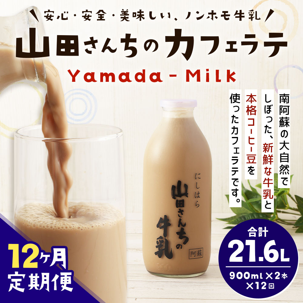 【ふるさと納税】【12ヶ月定期便】山田さんちのカフェラテ 900ml×2本×12回 合計21.6L ノンホモ牛乳 カフェラテ 牛乳 ミルク ミルクコーヒー コーヒー 珈琲 低温殺菌 乳飲料 ドリンク 熊本県 西原村産 冷蔵 送料無料