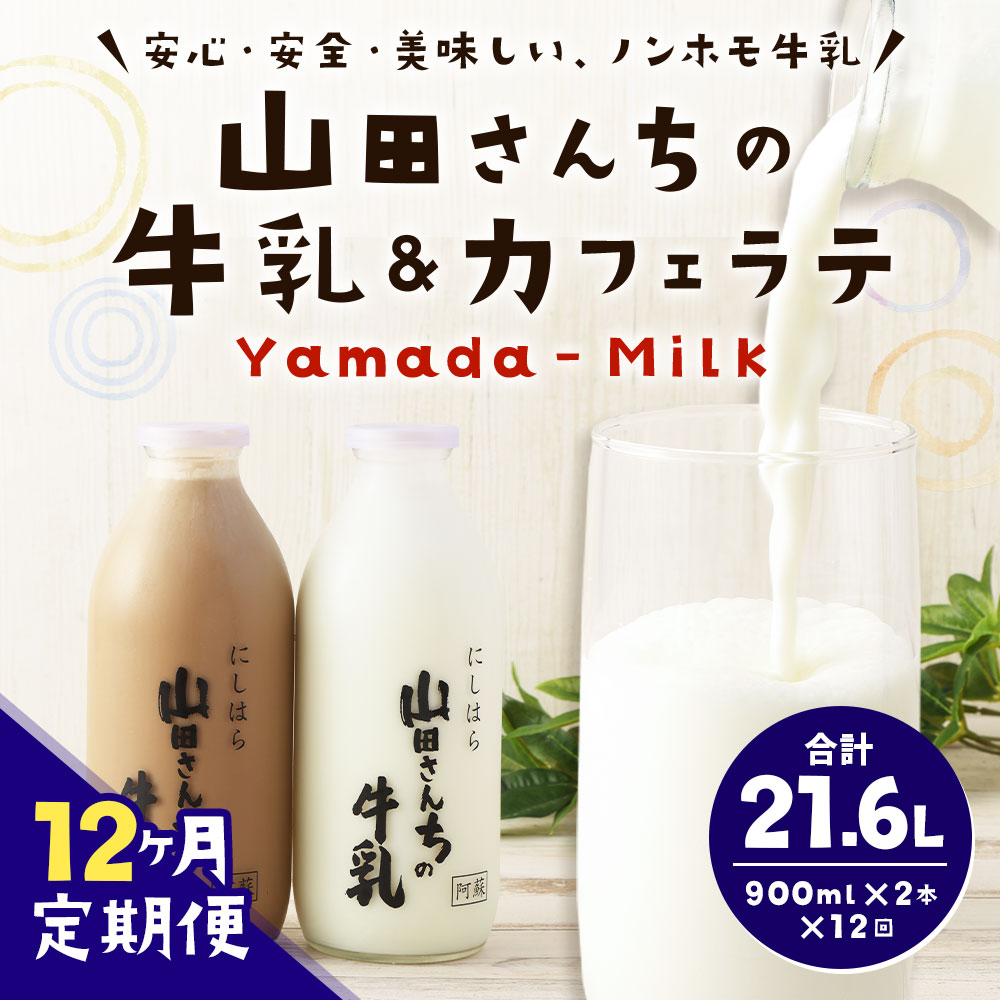 【ふるさと納税】【12ヶ月定期便】山田さんちの牛乳・カフェラテ セット 900ml×2本×12回 合計21.6L 飲み比べ ノンホモ牛乳 生乳100％ カフェラテ 牛乳 ミルク ミルクコーヒー コーヒー 珈琲 低温殺菌 乳飲料 ドリンク 熊本県 冷蔵 送料無料