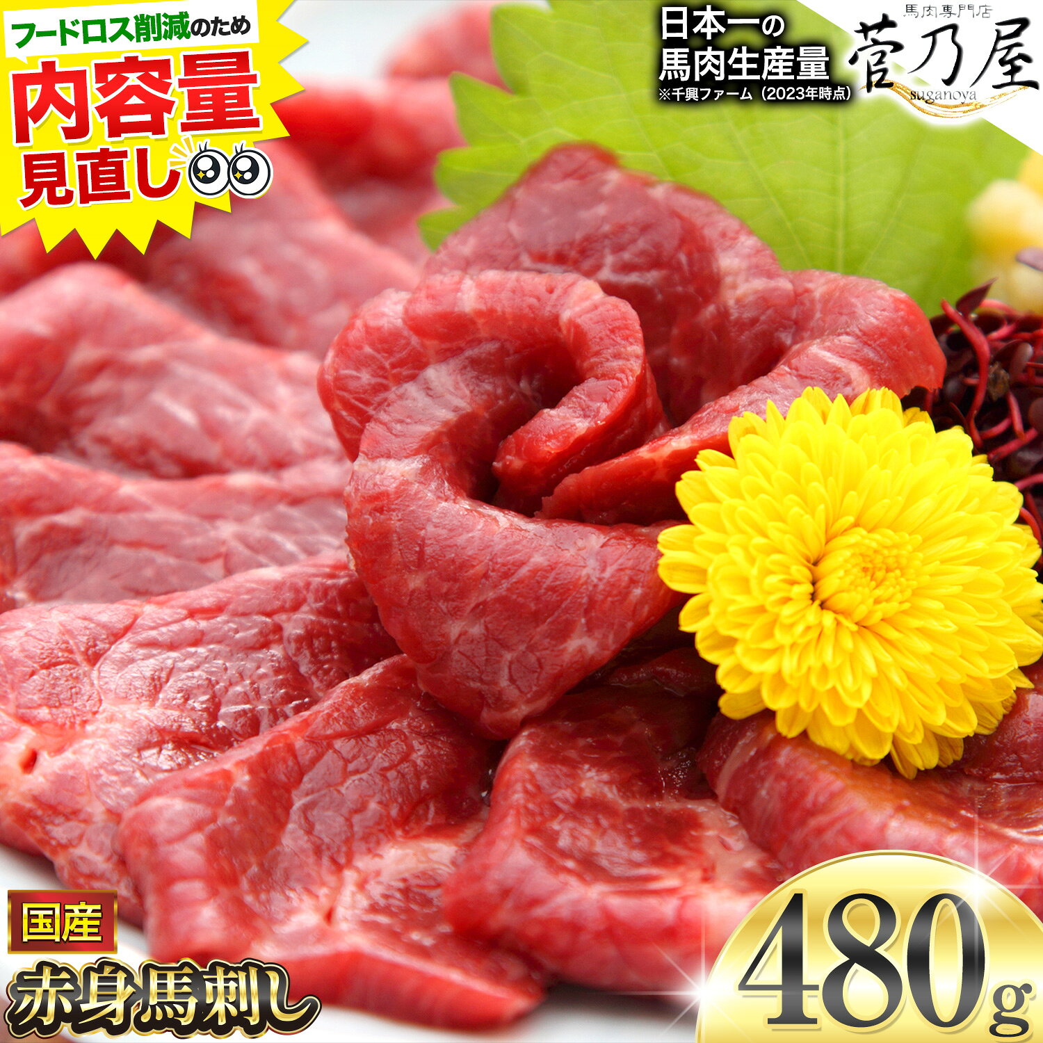 【ふるさと納税】《1-5日以内出荷》内容量見直し!! 国産赤身馬刺し 約480g タレ付き 千興ファーム 冷凍 熊本県 御船町 新鮮 さばきたて ミシュラン 生食用 肉 馬刺し 馬刺しのタレ付き 送料無料 馬刺 馬肉 冷凍 赤身 国産 熊本 真空パック