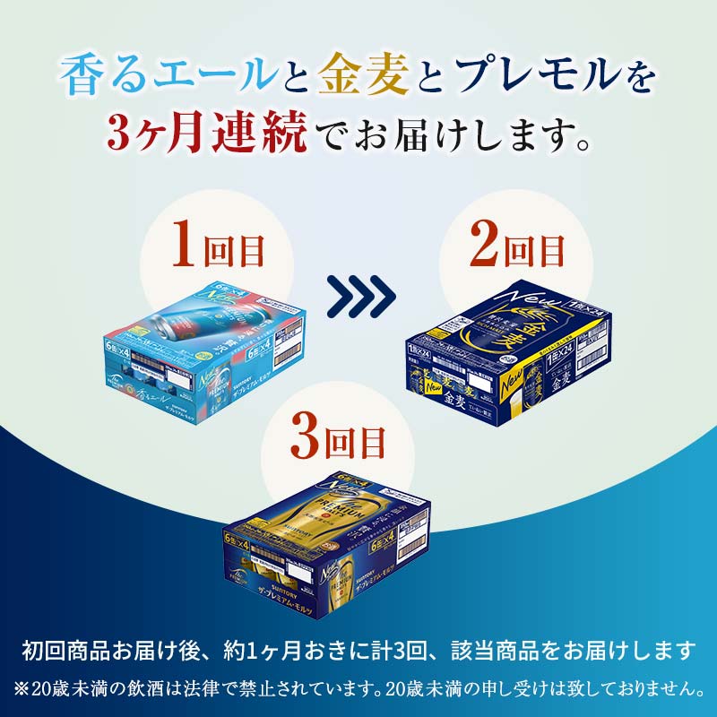 【ふるさと納税】《定期便》3ヶ月連続でお届け！サントリービール3種のバラエティ定期便(香るエール／金麦／ザ・プレミアム・モルツ)＜全3回＞ ビール プレミアムモルツ 香るエール プレモル 金麦 350ml FK7-0133