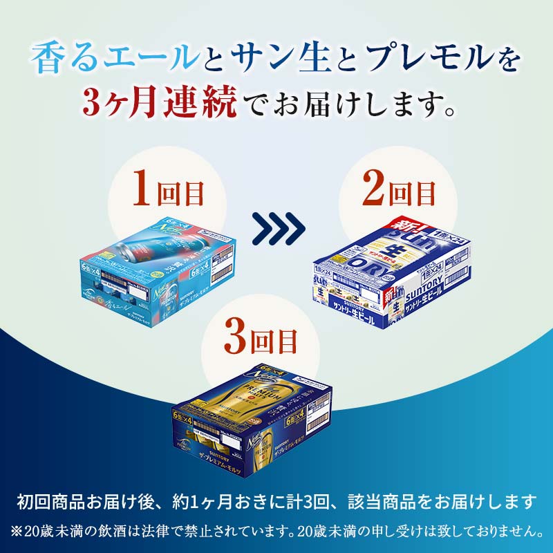 【ふるさと納税】《定期便》3ヶ月連続でお届け！サントリービール3種のバラエティ定期便B(香るエール／サン生／ザ・プレミアム・モルツ)＜全3回＞ ビール プレミアムモルツ 香るエール プレモル サン生 350ml FK7-0134