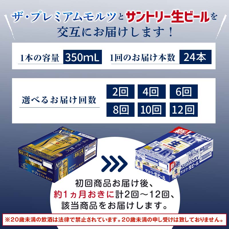 【ふるさと納税】《回数が選べる》【プレミアムモルツ・サントリー生ビール交互定期便】各350ml ×24本 ギフト 贈り物 酒 アルコール 選べる 回数 定期便 FK7-0158var