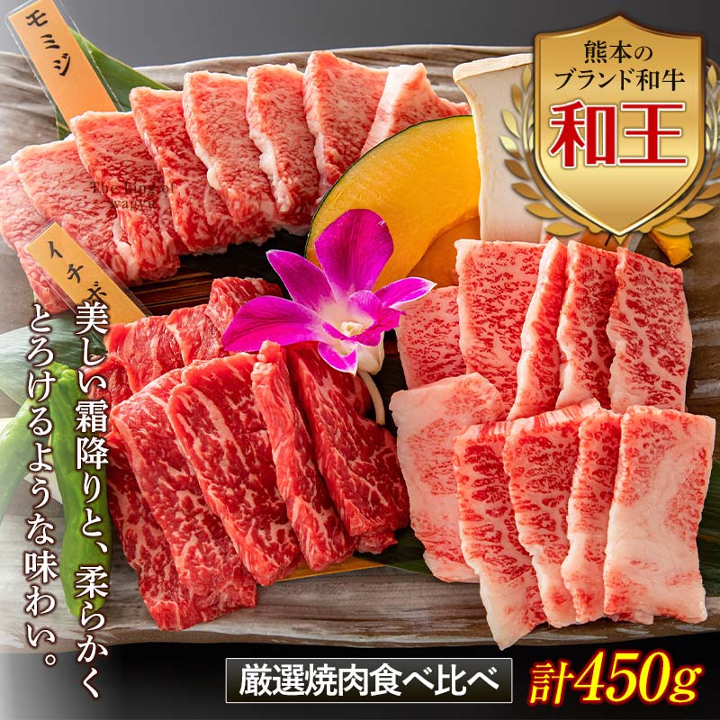 【ふるさと納税】熊本和王 厳選焼肉食べ比べセット 計450g(3種各150g) 黒毛和牛 和王 ブランド牛 焼き肉 焼肉 食べ比べ セット 詰合せ 牛肉 牛 バラ モモ ロース 肉 ご当地 グルメ バーベキュー BBQ アウトドア キャンプ飯 食品 FKK19-533