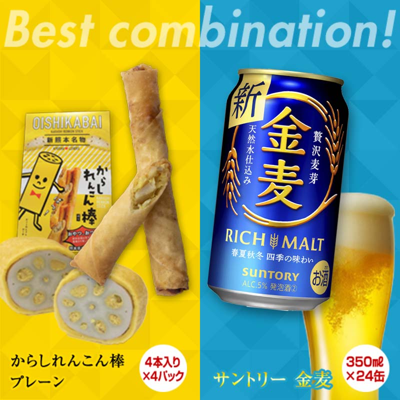 からしれんこん棒プレーン味&金麦(350ml×24本)のセット ビール 金麦 辛子れんこん棒 プレーン からしれんこん 春巻き 新感覚 おつまみ 晩酌 セット 詰合せ 名産品 ご当地 グルメ 酒 アルコール 食品 FKK19-06A