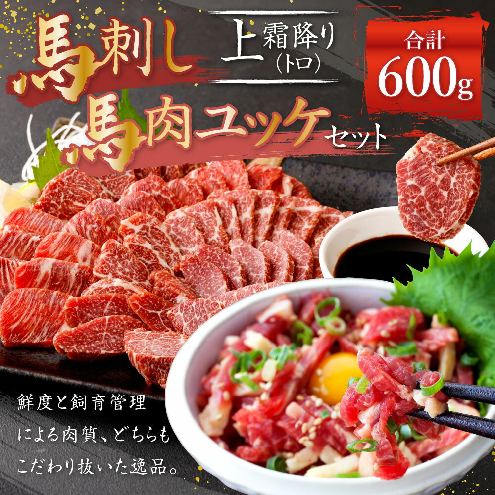 【ふるさと納税】熊本 馬刺し 上霜降り(トロ) 300g(50g×6個) 馬肉ユッケ 300g(50g×6個) 合計600g セット タレ付き(6袋) 生姜付き(6袋) ユッケたれ付き(6袋) 馬刺 ばさし ユッケ 馬肉 馬 上霜降り 刺身 ブロック 食べ比べ 冷凍 熊本県 送料無料