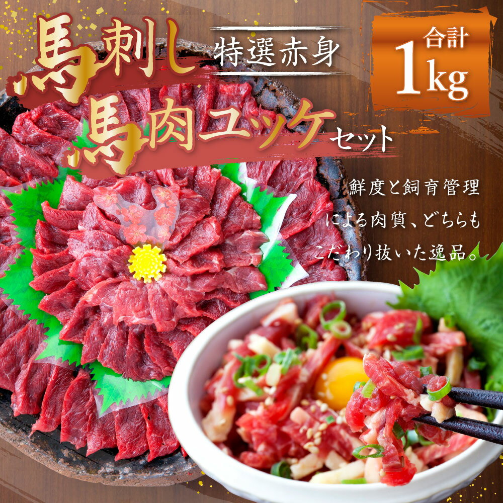 【ふるさと納税】熊本 馬刺し 特選赤身 500g(50g×10個) 馬肉ユッケ 500g(50g×10個) 合計1kg セット タレ付き(10袋) 生姜付き(10袋) ユッケたれ付き(10袋) 馬刺 ばさし ユッケ 馬肉 馬 赤身 刺身 ブロック 食べ比べ 冷凍 熊本県 送料無料