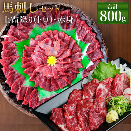 熊本 馬刺し 上霜降り(トロ)・赤身セット 合計800g 各400g 2種類 タレ・生姜付き 各4袋 馬刺 ばさし 馬肉 馬 上霜降り 刺身 ブロック 食べ比べ 冷凍 熊本県 送料無料