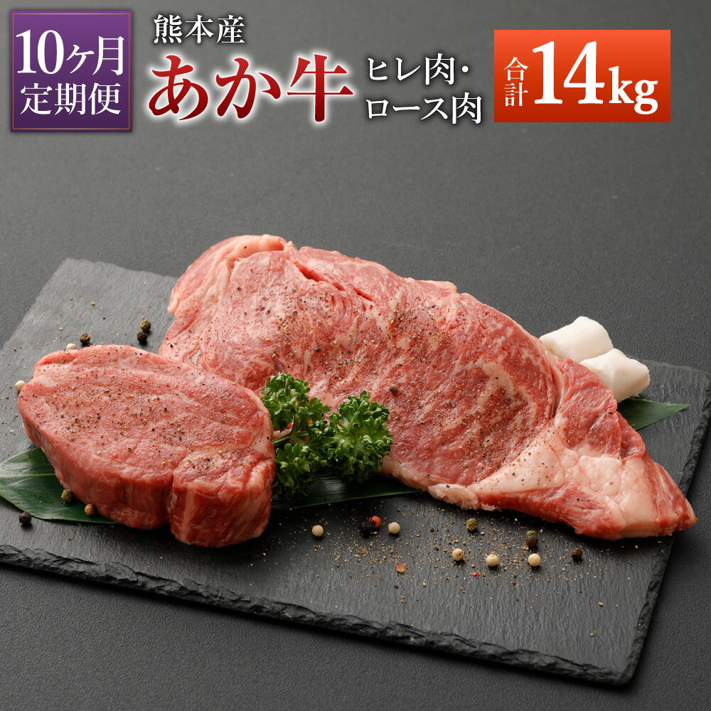 【定期便10ヶ月】熊本産 ステーキ用 あか牛 ヒレ肉600g×10回 ロース肉800g×10回 合計14kg 10回お届け 2種類 牛肉 和牛 ステーキ 冷凍 セット 詰め合わせ 熊本県産 九州産 国産 送料無料