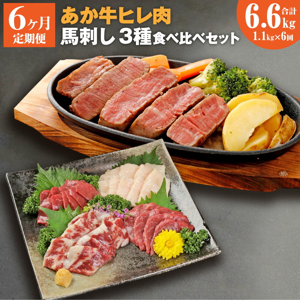 【ふるさと納税】【6ヶ月定期便】熊本県産あか牛ヒレ肉 馬刺し 食べ比べセット ヒレ肉 合計4.8kg 馬刺し 合計1.8kg(赤身600g・霜降り600g・たてがみ600g) ステーキ 牛肉 あか牛 食べ比べ 冷凍 定期便 送料無料