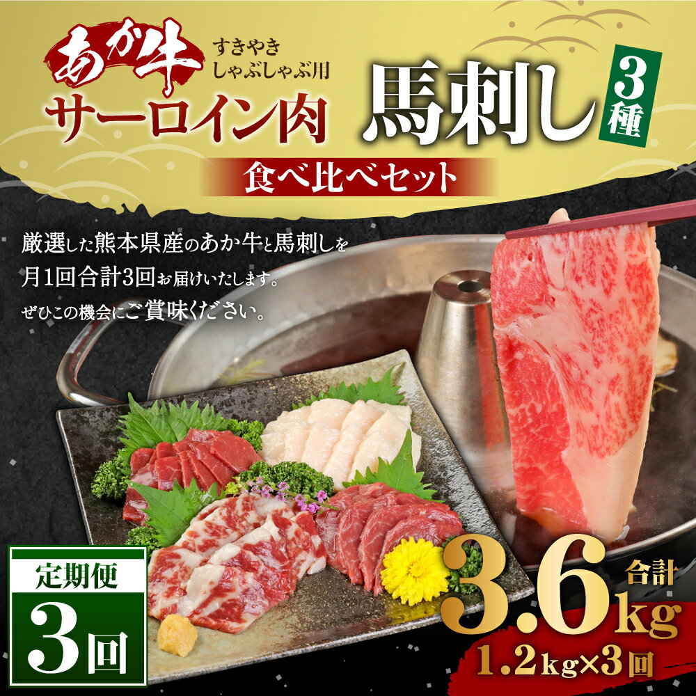 【ふるさと納税】【定期便3ヶ月】 あか牛 すきやき しゃぶしゃぶ用 サーロイン肉 馬刺し 食べ比べセット 総合計3.6kg サーロイン 合計3kg スライス 馬刺し 合計600g 赤身300g 霜降り150g たてがみ150g 牛肉 あか牛 馬刺し 食べ比べ 熊本県産 九州産 国産 冷凍 送料無料 2