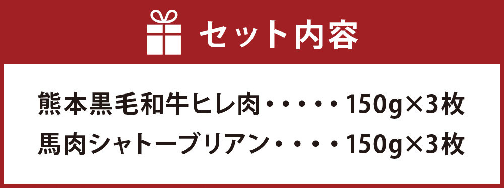 【ふるさと納税】くまもと黒毛和牛 ヒレ肉 150g×3枚 馬肉シャトーブリアンステーキ 150g×3枚 合計900g 食べ比べセット 黒毛和牛 和牛 牛 牛肉 ヒレ 馬 馬肉 肉 シャトーブリアン 2種 食べ比べ セット 国産 九州産 熊本県産 冷凍 送料無料