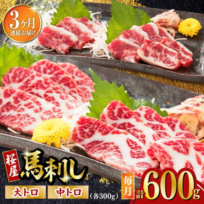 【全3回定期便】馬刺し 2種 計600g (大トロ 中トロ)各300g 熊本 冷凍 馬肉 馬刺 ヘルシー【有限会社 桜屋】[YBW104]